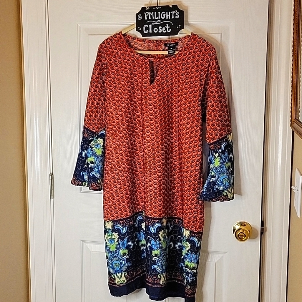 5th & Love Dress Medium Tulip Sleeves Orange Navy